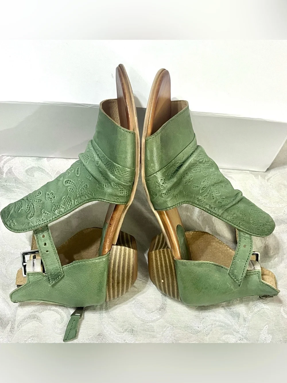 Miz Mooz Corra Leather Heeled Sandals Aloe Green EU 38 US 7.5-8 New No Box